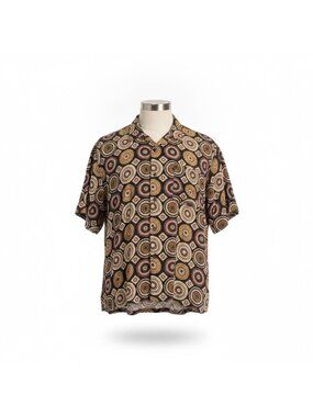 Nova Men Brown Short Sleeve Earth Tones Cuban Shirt Mandala Pattern Sz  XXL